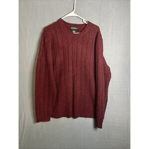Eddie Bauer Mens Lambswool Sweater XLT Burgundy Cableknit Crew Neck‎ Fisherman